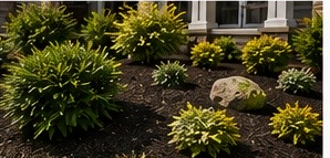 Mulch bed with plants and rocks